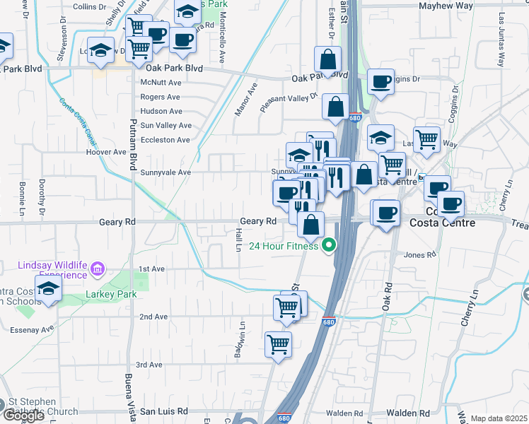 map of restaurants, bars, coffee shops, grocery stores, and more near 1580 Geary Road in Walnut Creek