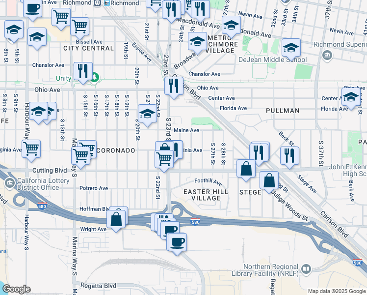 map of restaurants, bars, coffee shops, grocery stores, and more near 2405 Virginia Avenue in Richmond