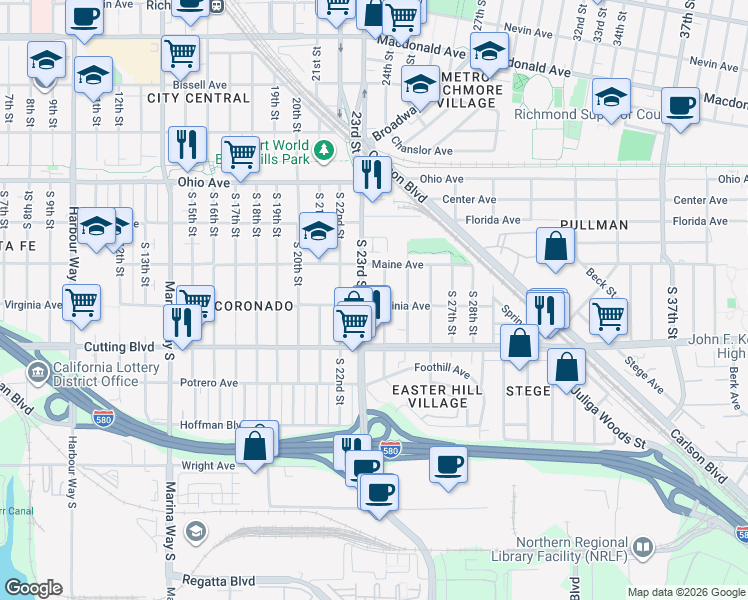 map of restaurants, bars, coffee shops, grocery stores, and more near 2317 Virginia Avenue in Richmond