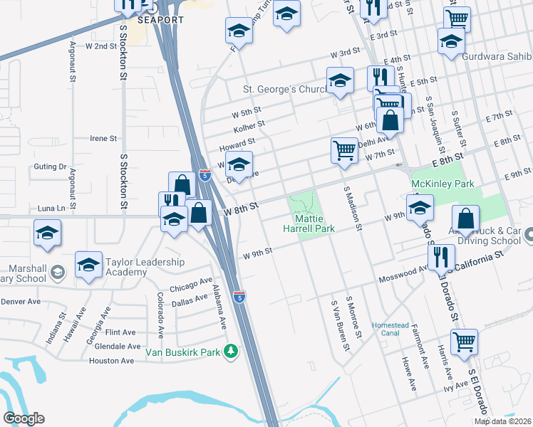 map of restaurants, bars, coffee shops, grocery stores, and more near 461 West 8th Street in Stockton