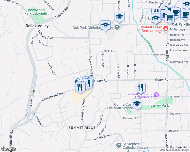 map of restaurants, bars, coffee shops, grocery stores, and more near 3091 Diablo View Road in Pleasant Hill