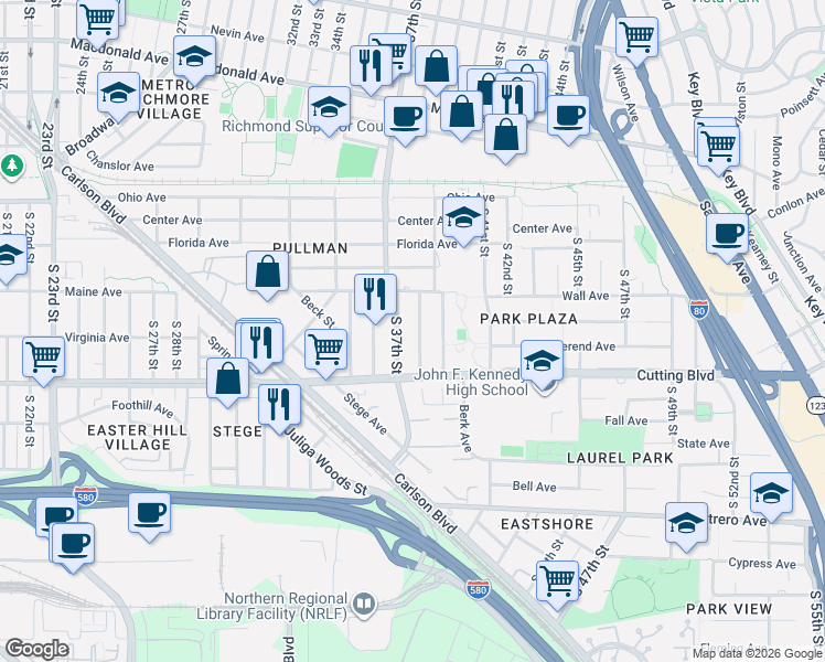 map of restaurants, bars, coffee shops, grocery stores, and more near 322 South 37th Street in Richmond