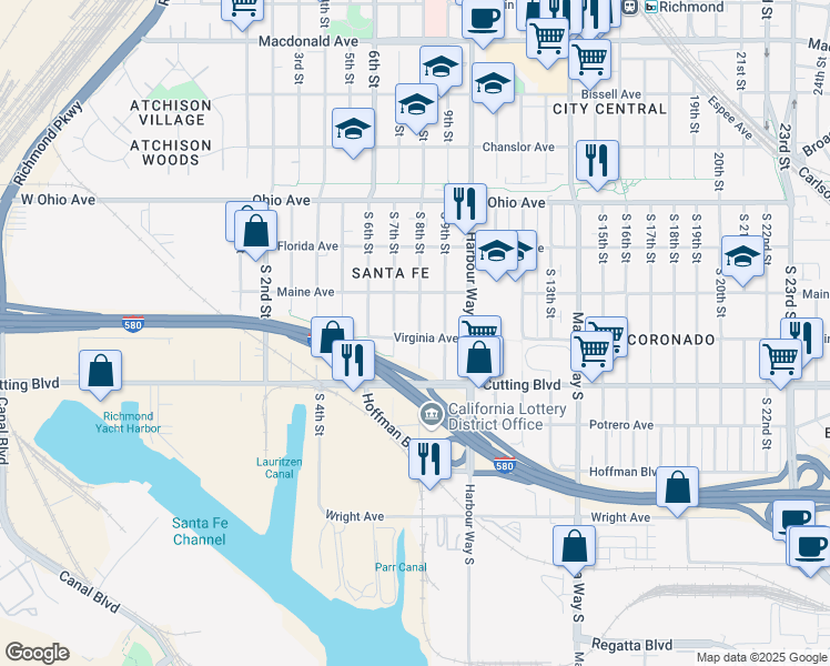 map of restaurants, bars, coffee shops, grocery stores, and more near 731 Virginia Avenue in Richmond