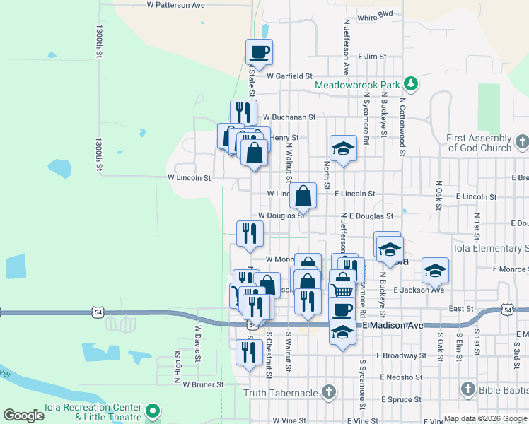 map of restaurants, bars, coffee shops, grocery stores, and more near 251-299 W Lincoln St in Iola