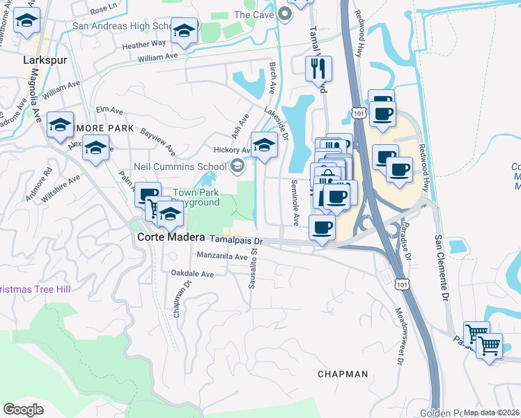 map of restaurants, bars, coffee shops, grocery stores, and more near 31 Mohawk Avenue in Corte Madera