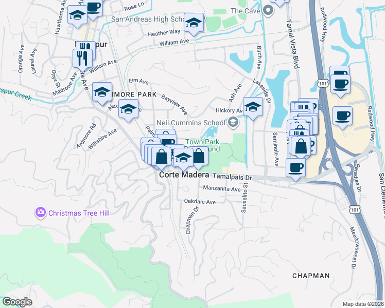 map of restaurants, bars, coffee shops, grocery stores, and more near 47 Redwood Avenue in Corte Madera