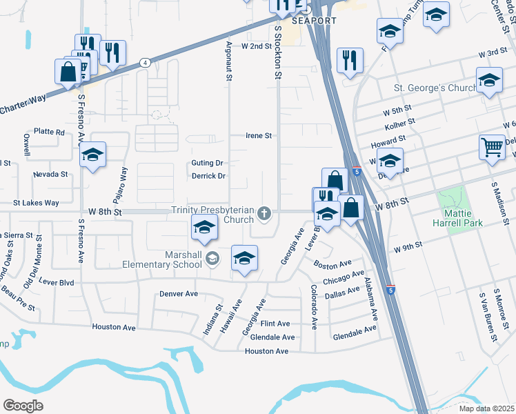 map of restaurants, bars, coffee shops, grocery stores, and more near 2134 South Yosemite Street in Stockton