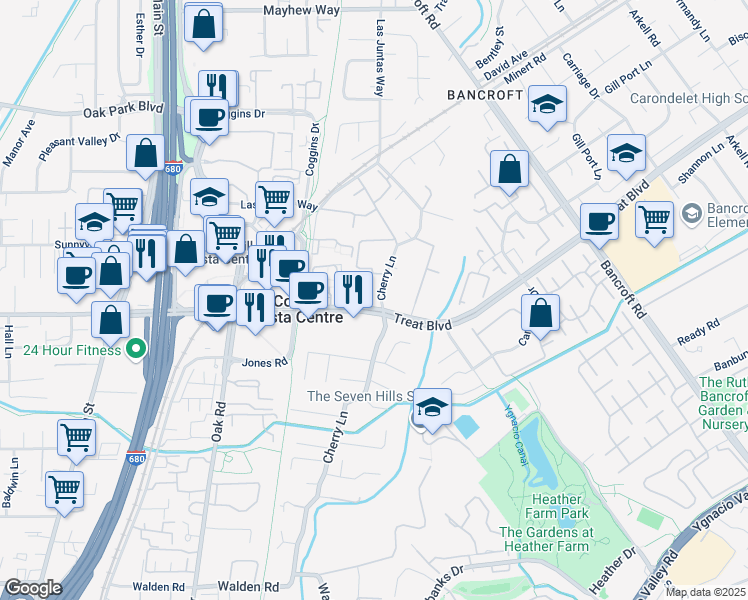 map of restaurants, bars, coffee shops, grocery stores, and more near 1471 Treat Boulevard in Walnut Creek