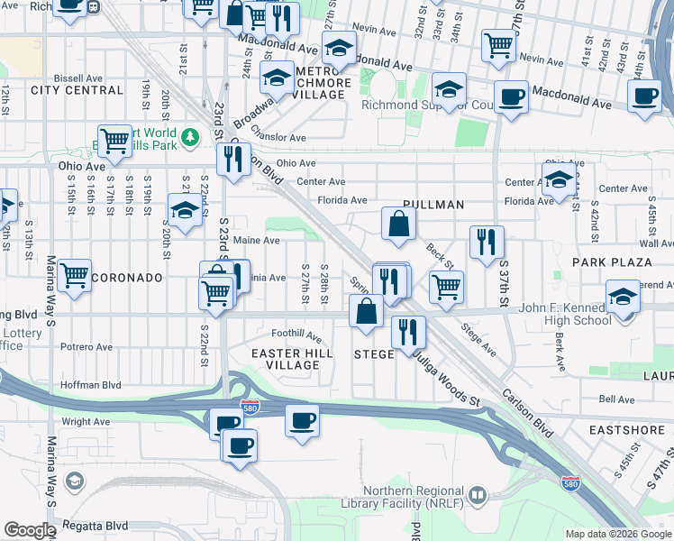map of restaurants, bars, coffee shops, grocery stores, and more near 2730 Maine Avenue in Richmond