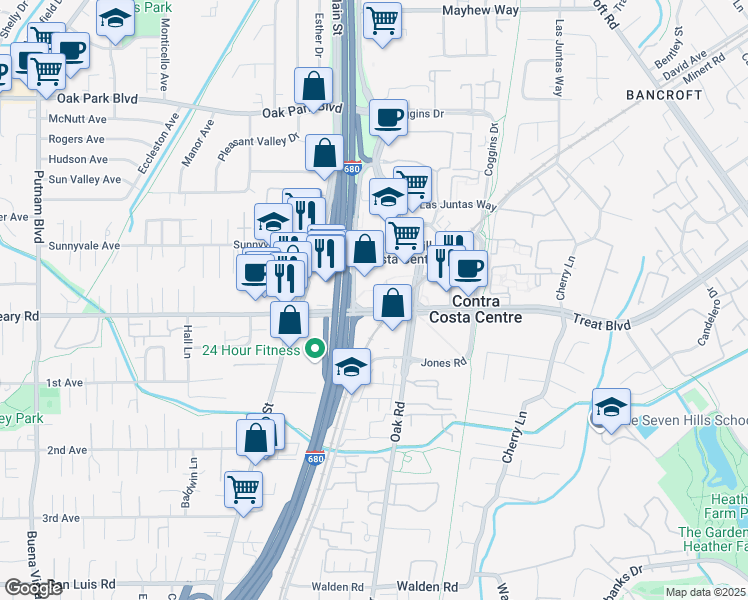map of restaurants, bars, coffee shops, grocery stores, and more near 1323-1339 Treat Boulevard in Walnut Creek