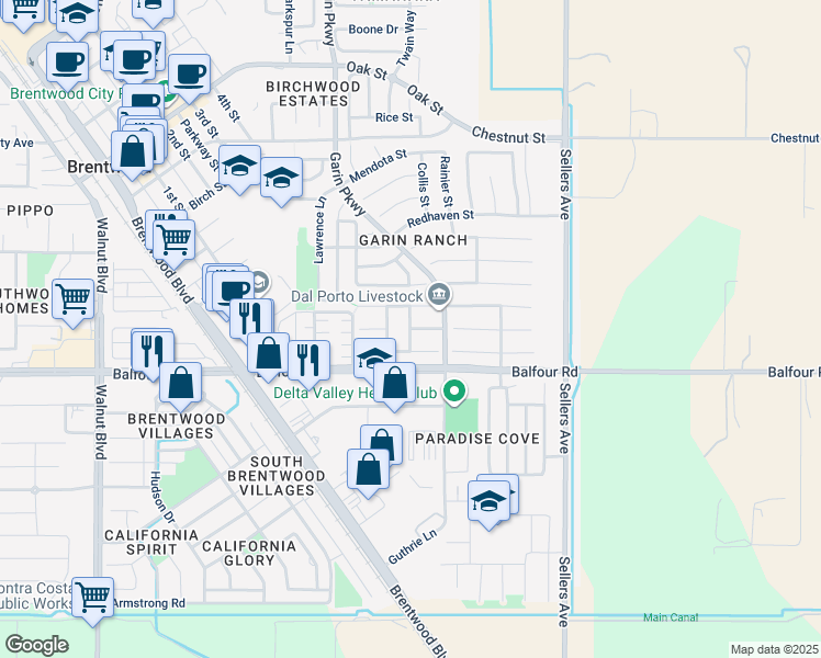 map of restaurants, bars, coffee shops, grocery stores, and more near 651 Nectar Drive in Brentwood