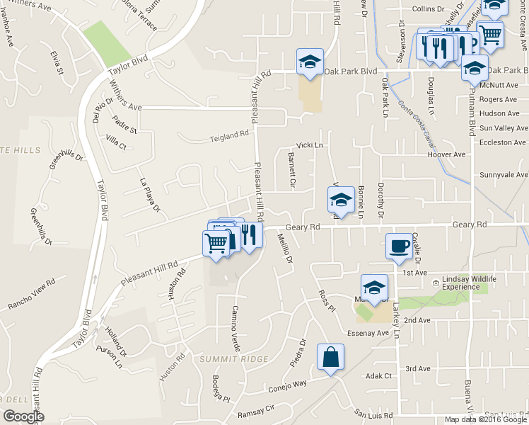 map of restaurants, bars, coffee shops, grocery stores, and more near 2180 Geary Road in Pleasant Hill