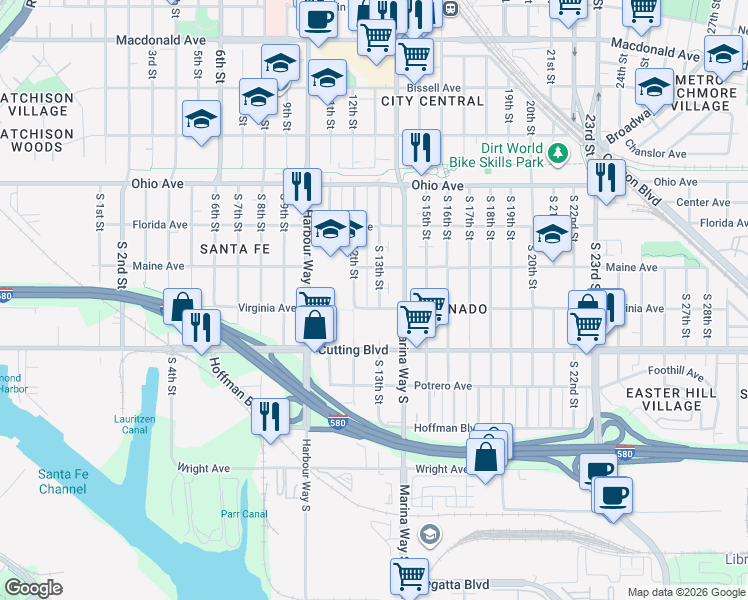 map of restaurants, bars, coffee shops, grocery stores, and more near in Richmond