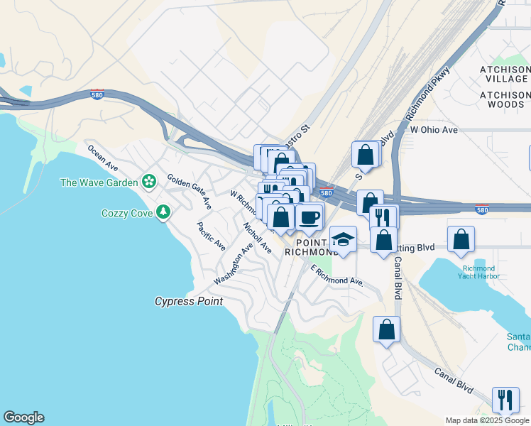map of restaurants, bars, coffee shops, grocery stores, and more near 127 Cottage Avenue in Richmond