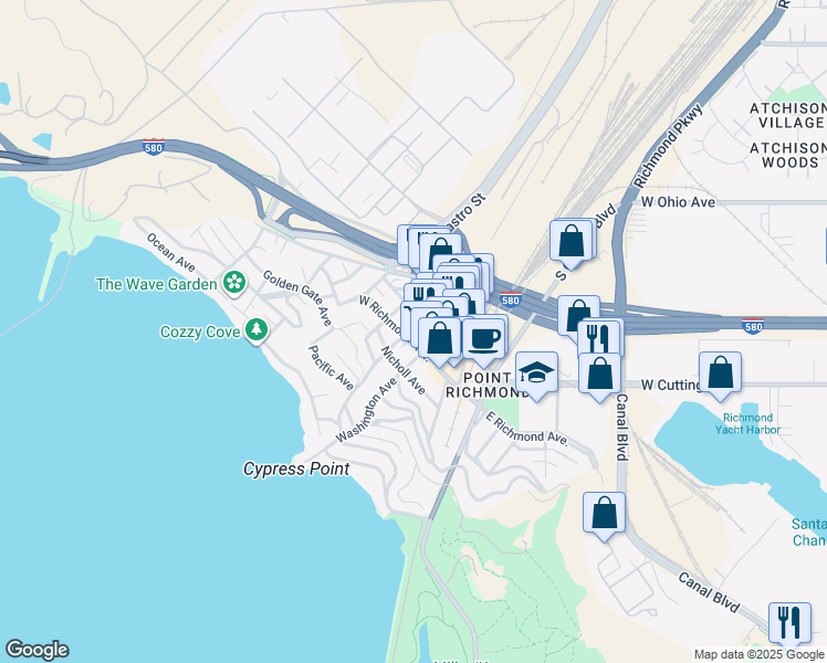 map of restaurants, bars, coffee shops, grocery stores, and more near 127 Cottage Avenue in Richmond