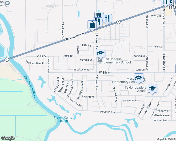 map of restaurants, bars, coffee shops, grocery stores, and more near 1888 Saint Lakes Way in Stockton