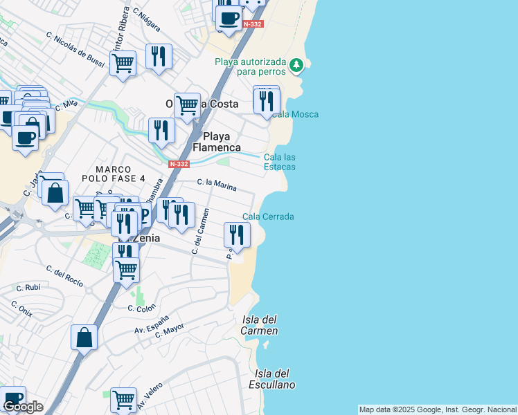 map of restaurants, bars, coffee shops, grocery stores, and more near 33 Calle la Marina in Orihuela