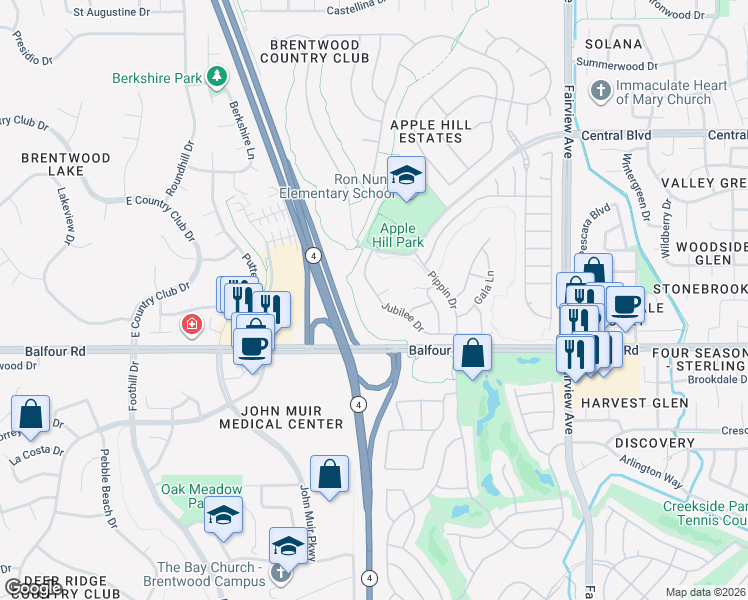 map of restaurants, bars, coffee shops, grocery stores, and more near 1910 Jubilee Drive in Brentwood