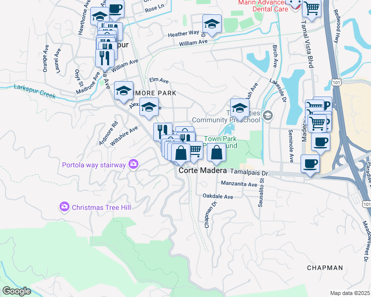 map of restaurants, bars, coffee shops, grocery stores, and more near 121 Redwood Avenue in Corte Madera