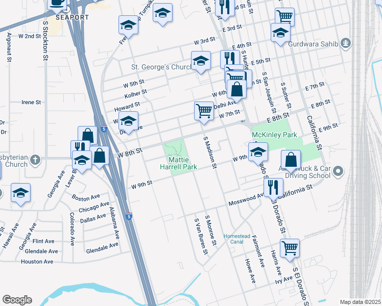 map of restaurants, bars, coffee shops, grocery stores, and more near 2260 South Monroe Street in Stockton