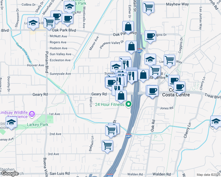 map of restaurants, bars, coffee shops, grocery stores, and more near 1595 Sunnyvale Avenue in Walnut Creek