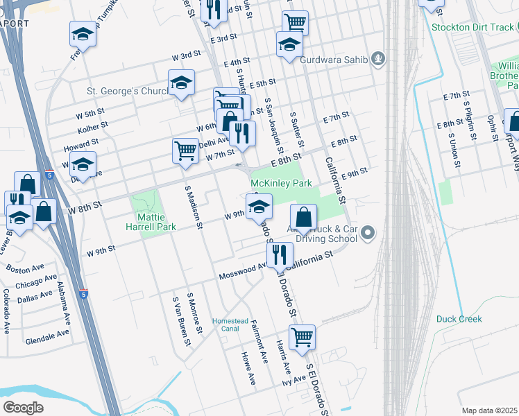 map of restaurants, bars, coffee shops, grocery stores, and more near 2 West 9th Street in Stockton