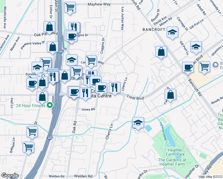 map of restaurants, bars, coffee shops, grocery stores, and more near 1451 Treat Boulevard in Walnut Creek