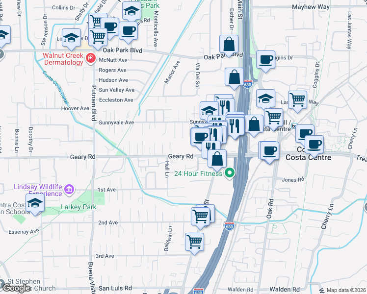 map of restaurants, bars, coffee shops, grocery stores, and more near 1613 Sunnyvale Drive in Walnut Creek