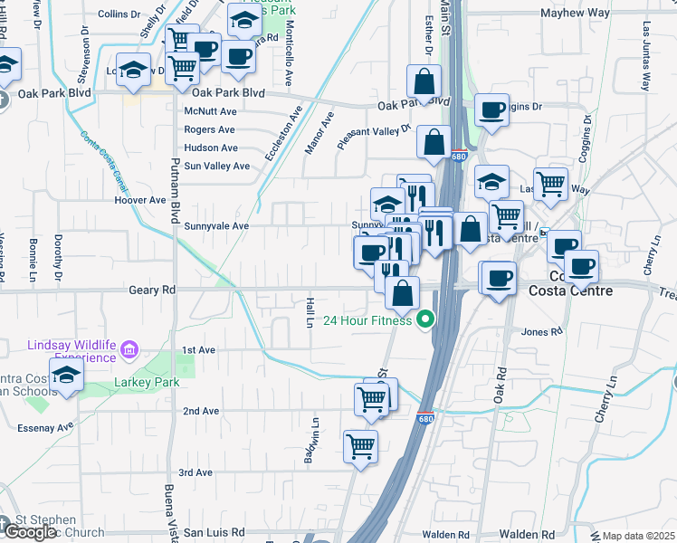 map of restaurants, bars, coffee shops, grocery stores, and more near 1613 Sunnyvale Drive in Walnut Creek