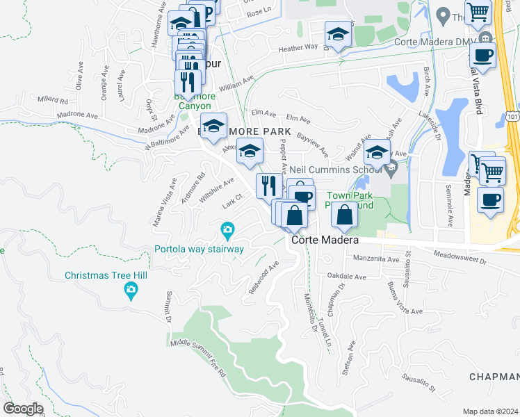 map of restaurants, bars, coffee shops, grocery stores, and more near 3 Corte Madera Avenue in Corte Madera