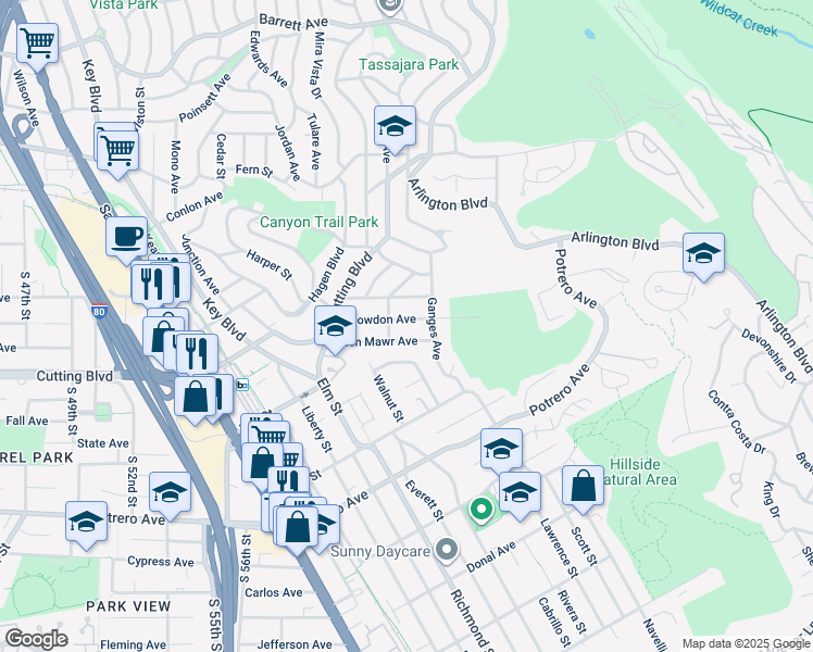 map of restaurants, bars, coffee shops, grocery stores, and more near 6843 Snowdon Avenue in El Cerrito