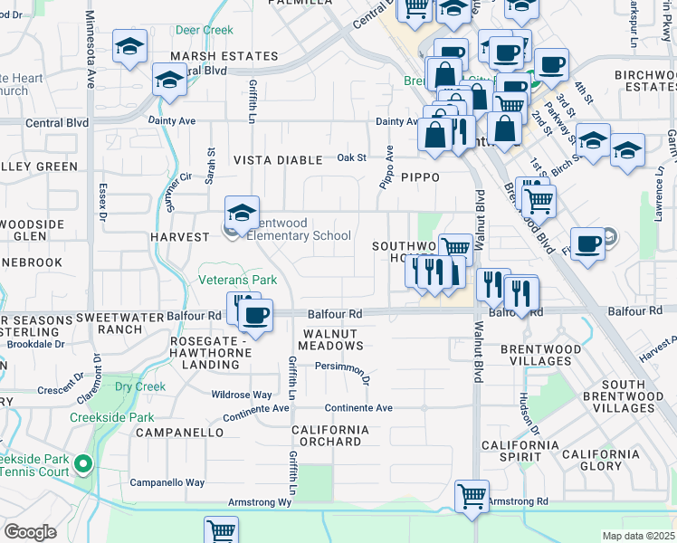 map of restaurants, bars, coffee shops, grocery stores, and more near 361 Fletcher Lane in Brentwood