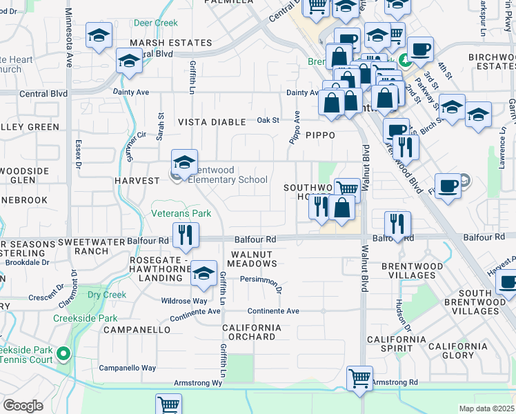 map of restaurants, bars, coffee shops, grocery stores, and more near 361 Fletcher Lane in Brentwood