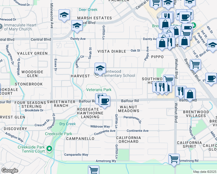 map of restaurants, bars, coffee shops, grocery stores, and more near 195 Griffith Lane in Brentwood