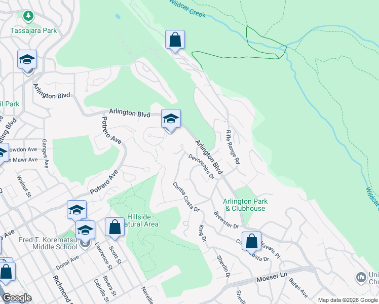 map of restaurants, bars, coffee shops, grocery stores, and more near 1401 Arlington Boulevard in El Cerrito