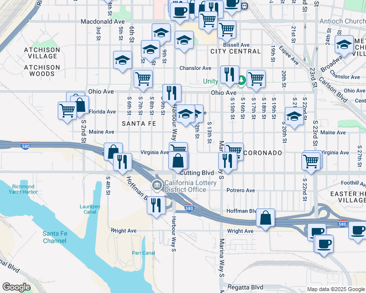 map of restaurants, bars, coffee shops, grocery stores, and more near 360 Harbour Way South in Richmond