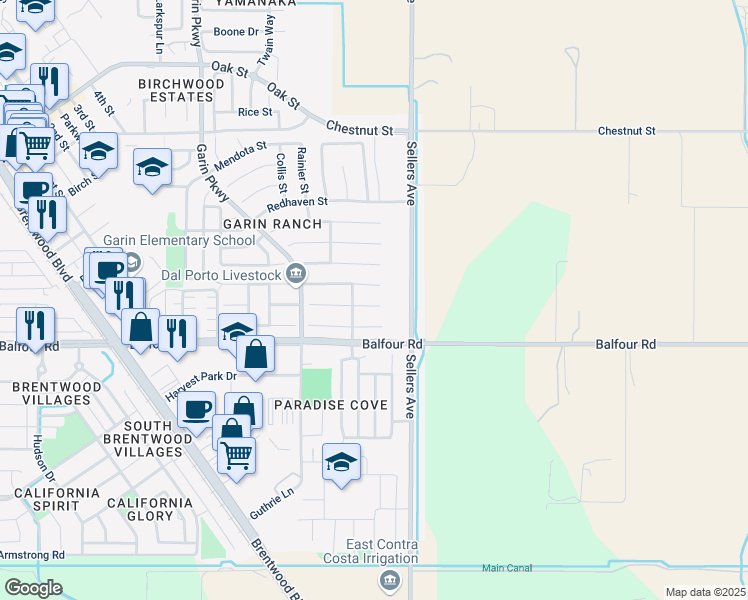 map of restaurants, bars, coffee shops, grocery stores, and more near 853 Mickelsen Court in Brentwood