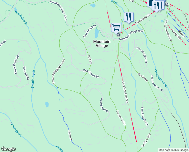 map of restaurants, bars, coffee shops, grocery stores, and more near 303 Benchmark Drive in Mountain Village