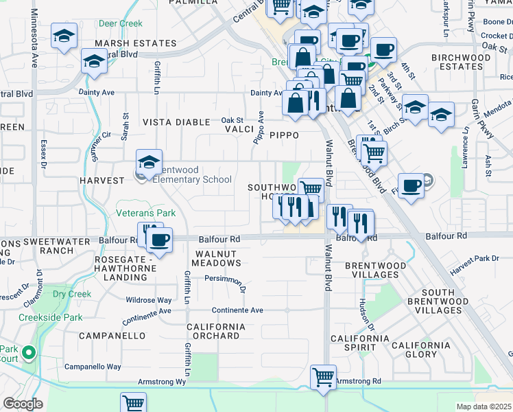map of restaurants, bars, coffee shops, grocery stores, and more near 273 Pippo Avenue in Brentwood