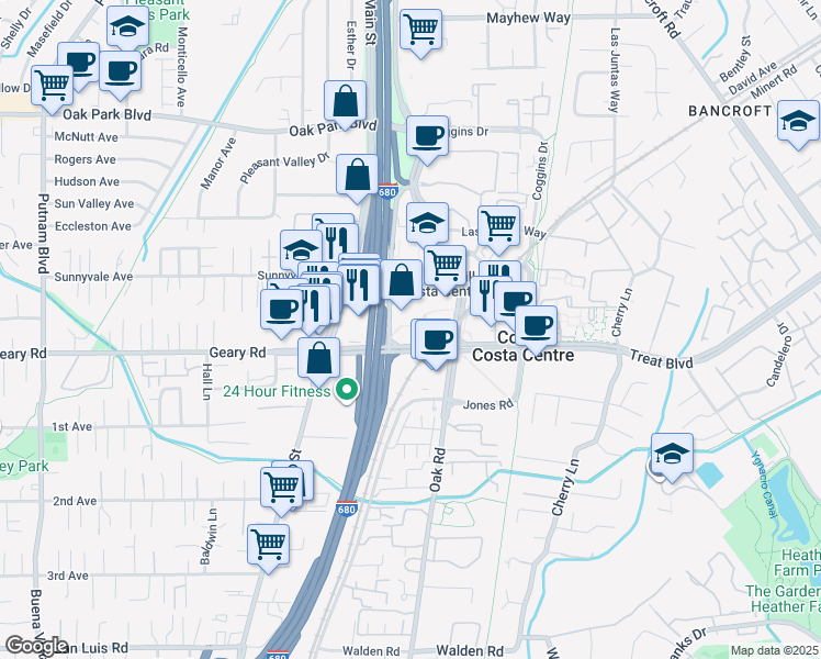 map of restaurants, bars, coffee shops, grocery stores, and more near 1277 Treat Boulevard in Walnut Creek