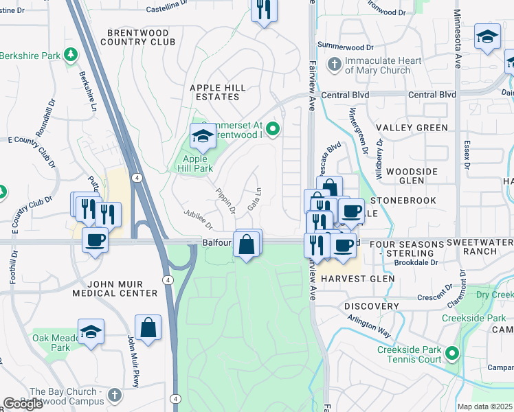 map of restaurants, bars, coffee shops, grocery stores, and more near 80 Gala Lane in Brentwood