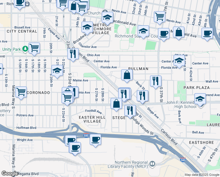 map of restaurants, bars, coffee shops, grocery stores, and more near 350 South 29th Street in Richmond