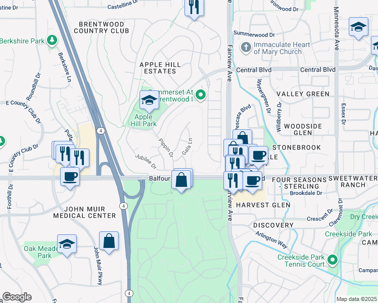 map of restaurants, bars, coffee shops, grocery stores, and more near 80 Gala Lane in Brentwood