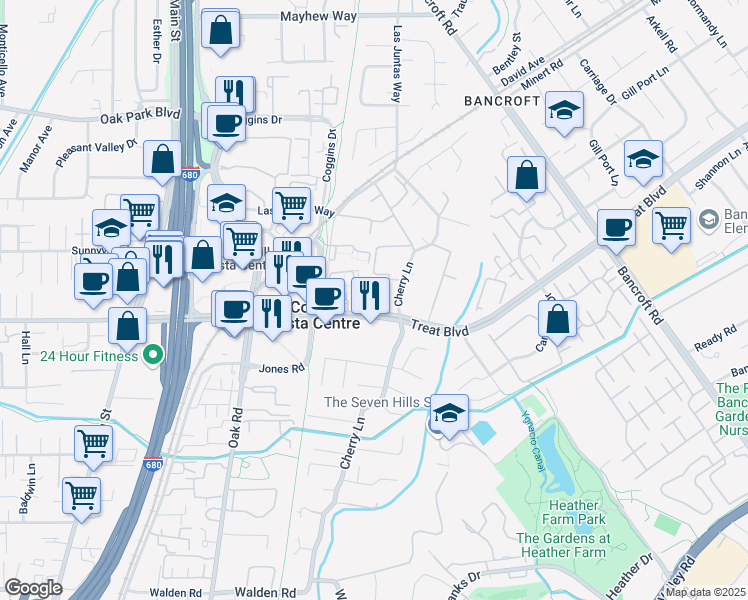 map of restaurants, bars, coffee shops, grocery stores, and more near 1465 Treat Boulevard in Walnut Creek