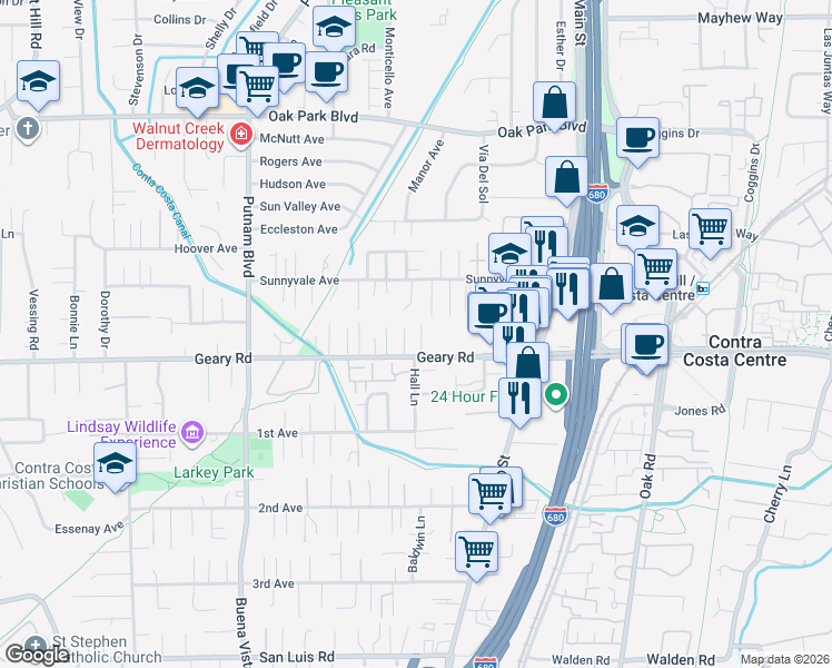 map of restaurants, bars, coffee shops, grocery stores, and more near 1584 Geary Road in Walnut Creek
