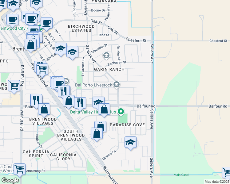 map of restaurants, bars, coffee shops, grocery stores, and more near 694 Bartlett Court in Brentwood