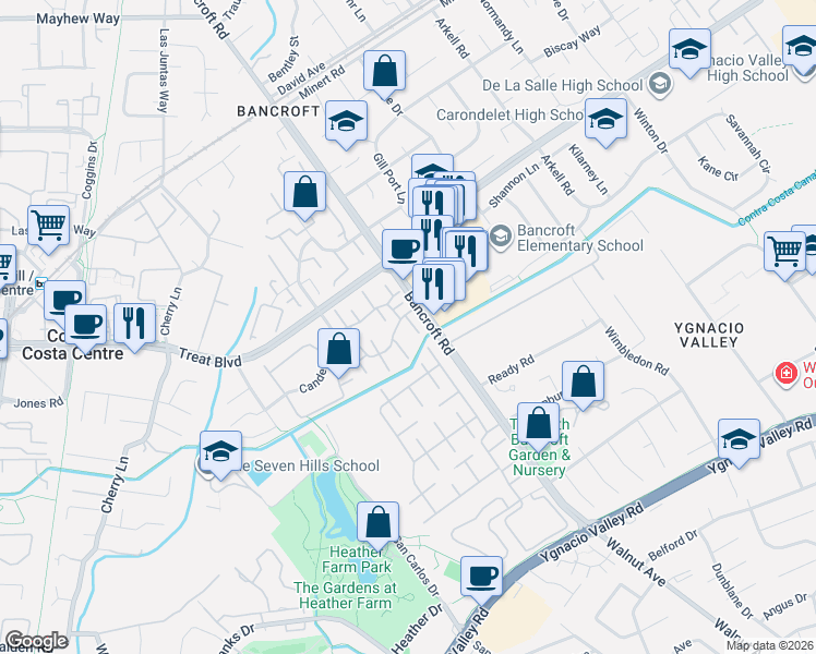 map of restaurants, bars, coffee shops, grocery stores, and more near 2000 Pomar Way in Walnut Creek