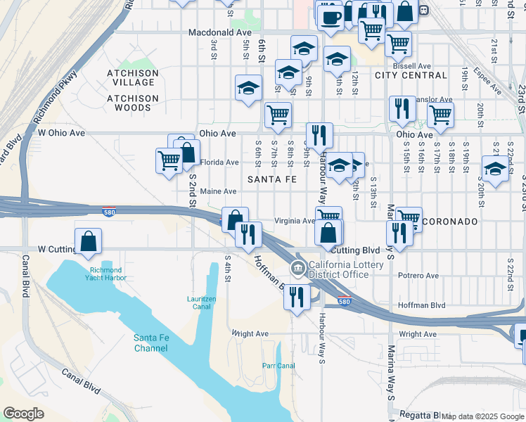 map of restaurants, bars, coffee shops, grocery stores, and more near 333 South 6th Street in Richmond