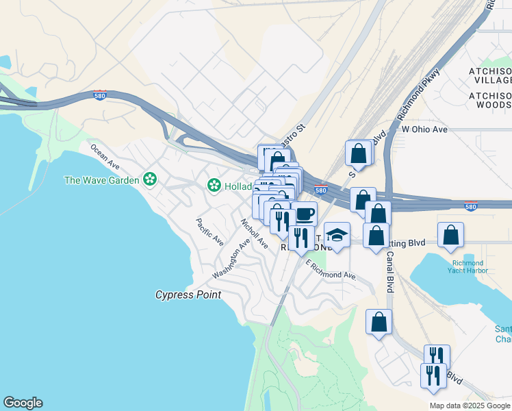 map of restaurants, bars, coffee shops, grocery stores, and more near 127 Cottage Avenue in Richmond