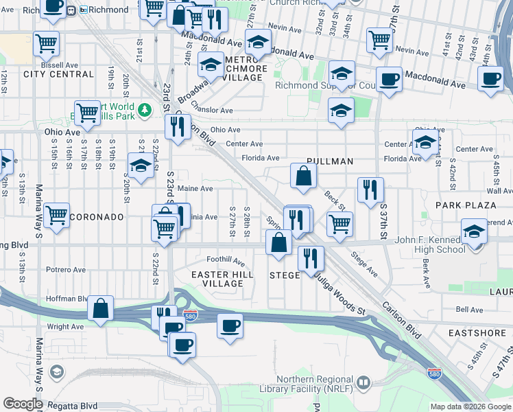 map of restaurants, bars, coffee shops, grocery stores, and more near 2730 Maine Avenue in Richmond